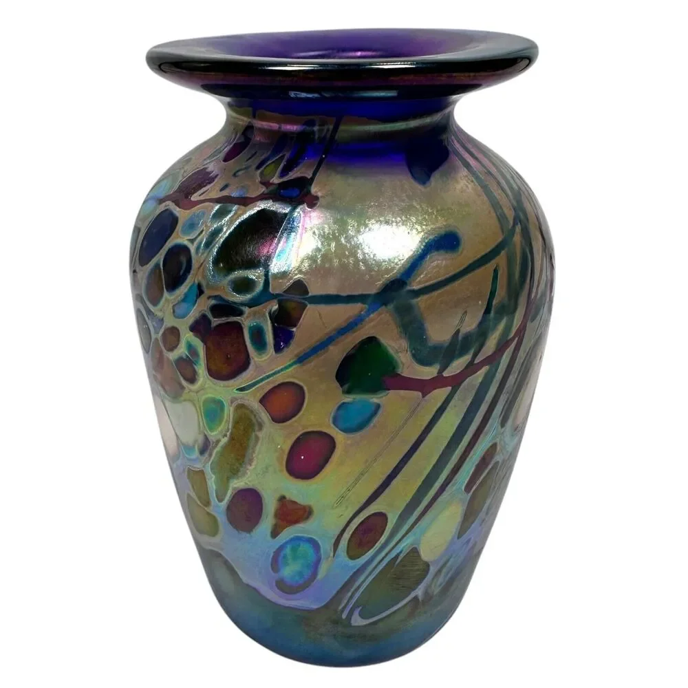 Rick Hunter Art Glass Vase Carnival Glass Cobalt Blue Gold Spots Swirls Colorful